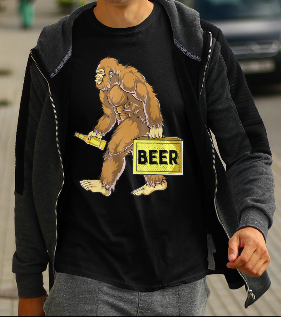 Bigfoot With Beer Funny Sasquatch Drinking Party Carrying Beer Box T-Shirt