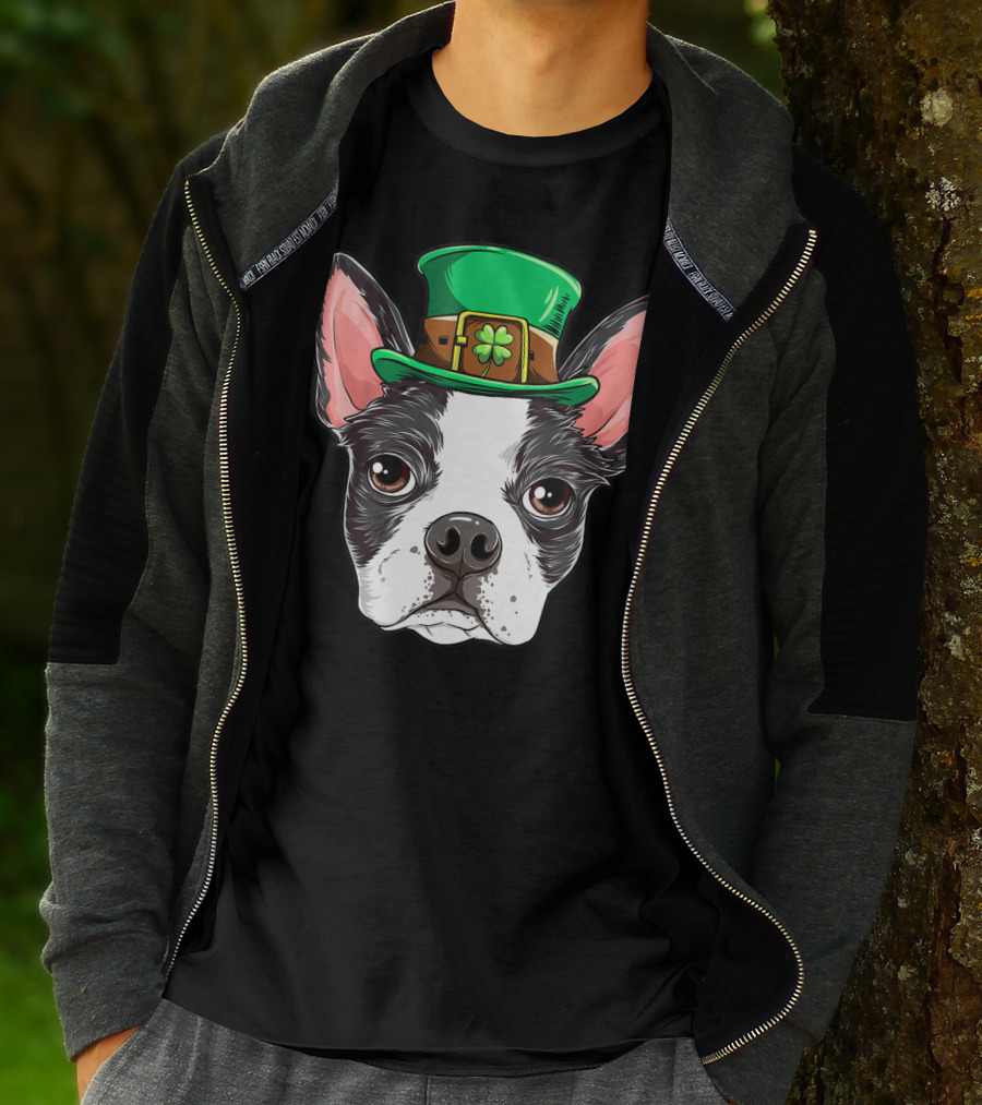 Boston Terrier St Patricks Day Leprechaun Dog With Green Hat T-Shirt