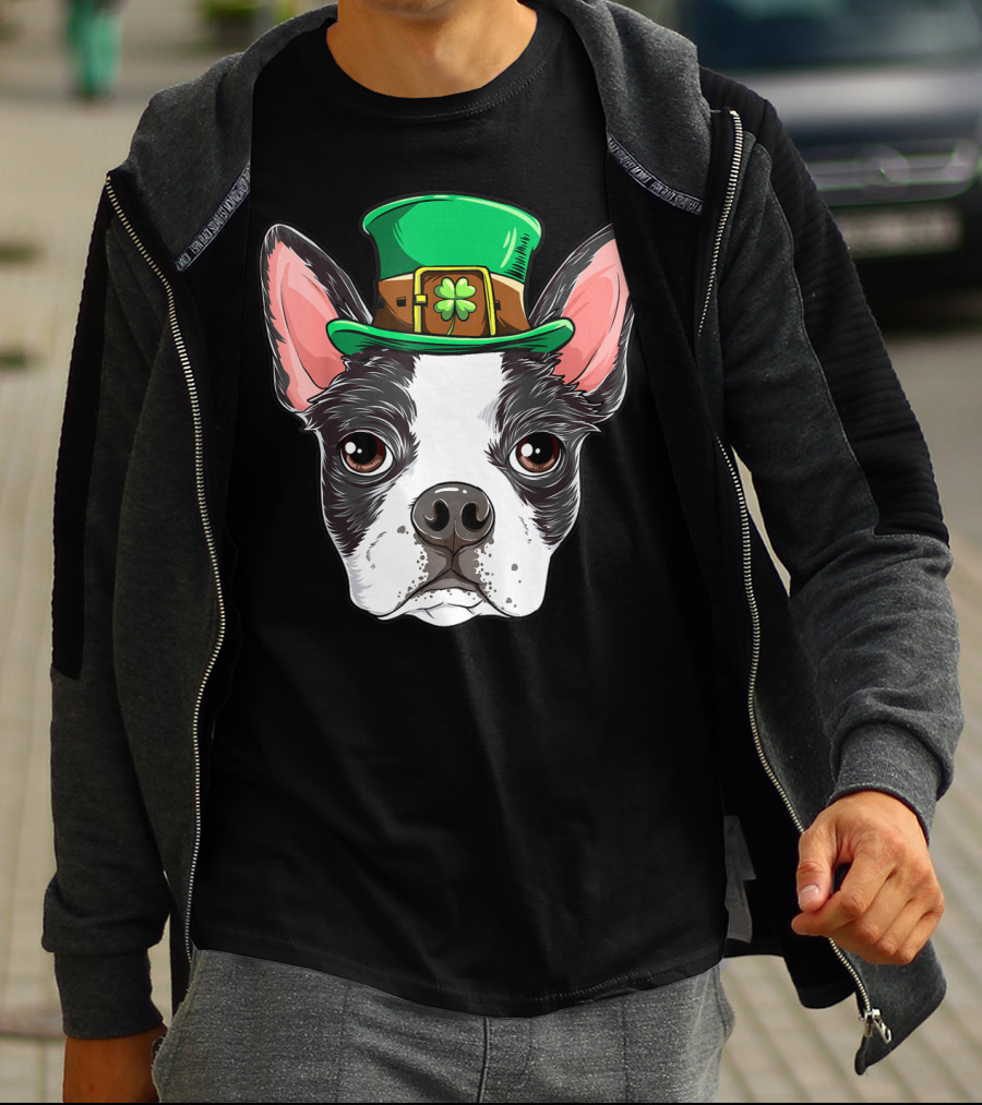 Boston Terrier St Patricks Day Leprechaun Dog With Green Hat T-Shirt