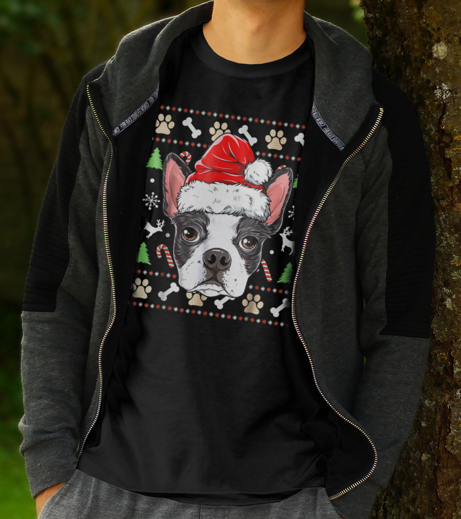 Boston Terrier Christmas Santa Hat Dog With Bones And Tree T-Shirt