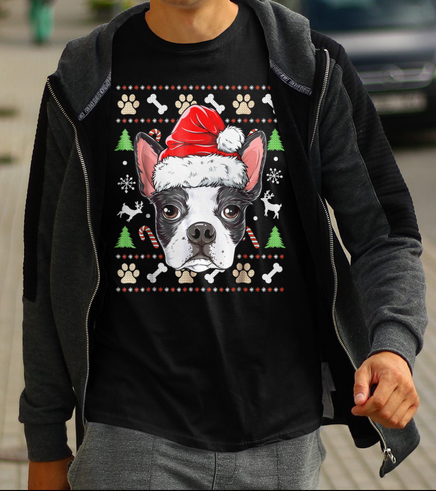 Boston Terrier Christmas Santa Hat Dog With Bones And Tree T-Shirt