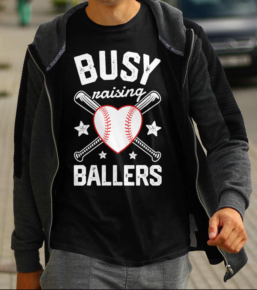 Busy Raising Ballers Heart Baseball And Bats With Stars T-Shirt