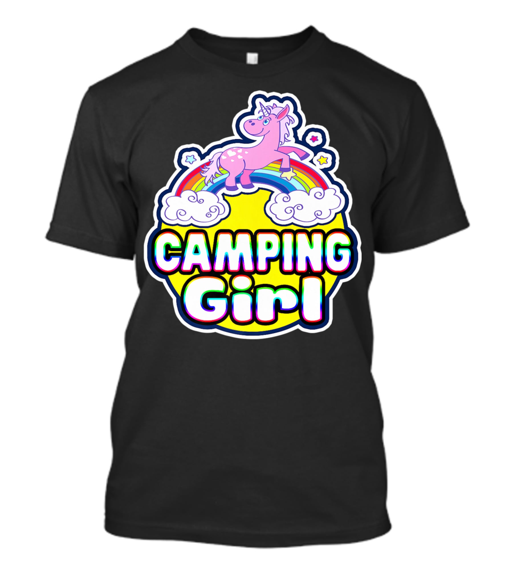 Camping Girl Rainbow Unicorn Cloud Adventure T-Shirt