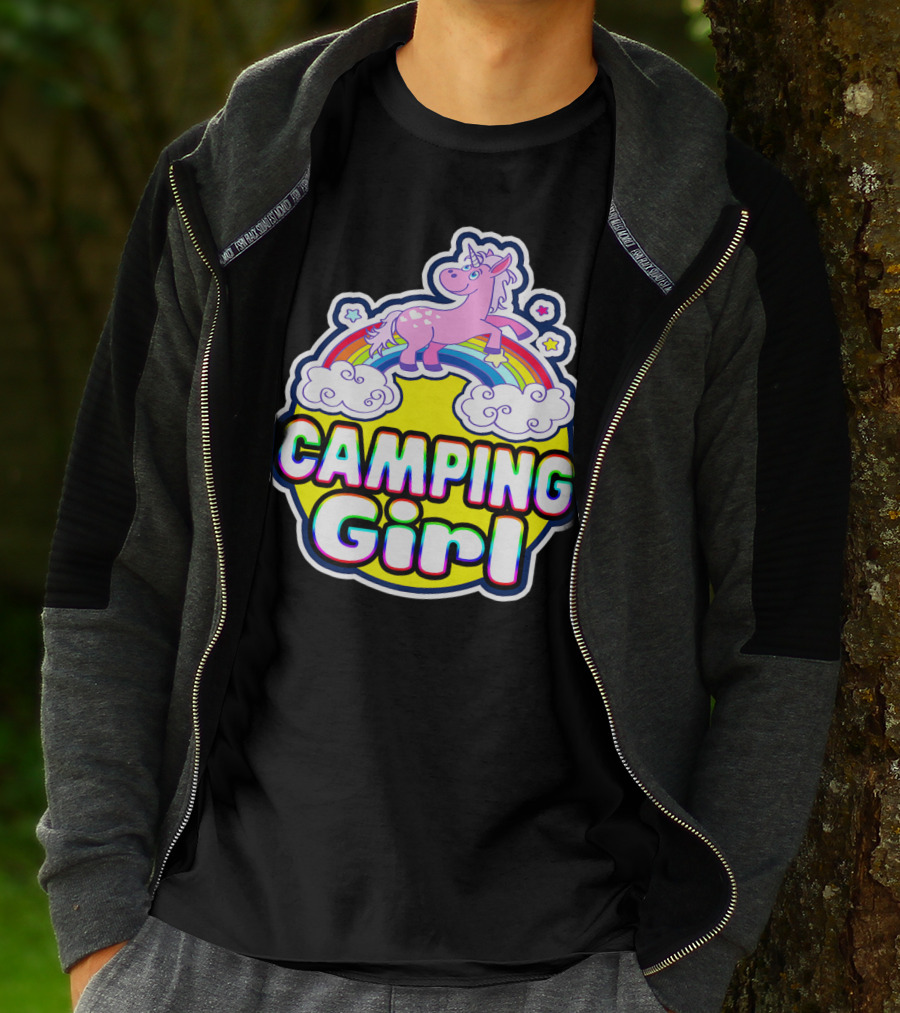 Camping Girl Rainbow Unicorn Cloud Adventure T-Shirt