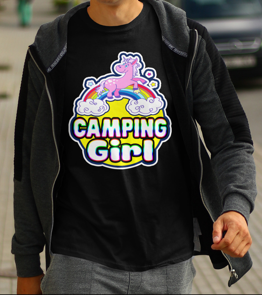Camping Girl Rainbow Unicorn Cloud Adventure T-Shirt