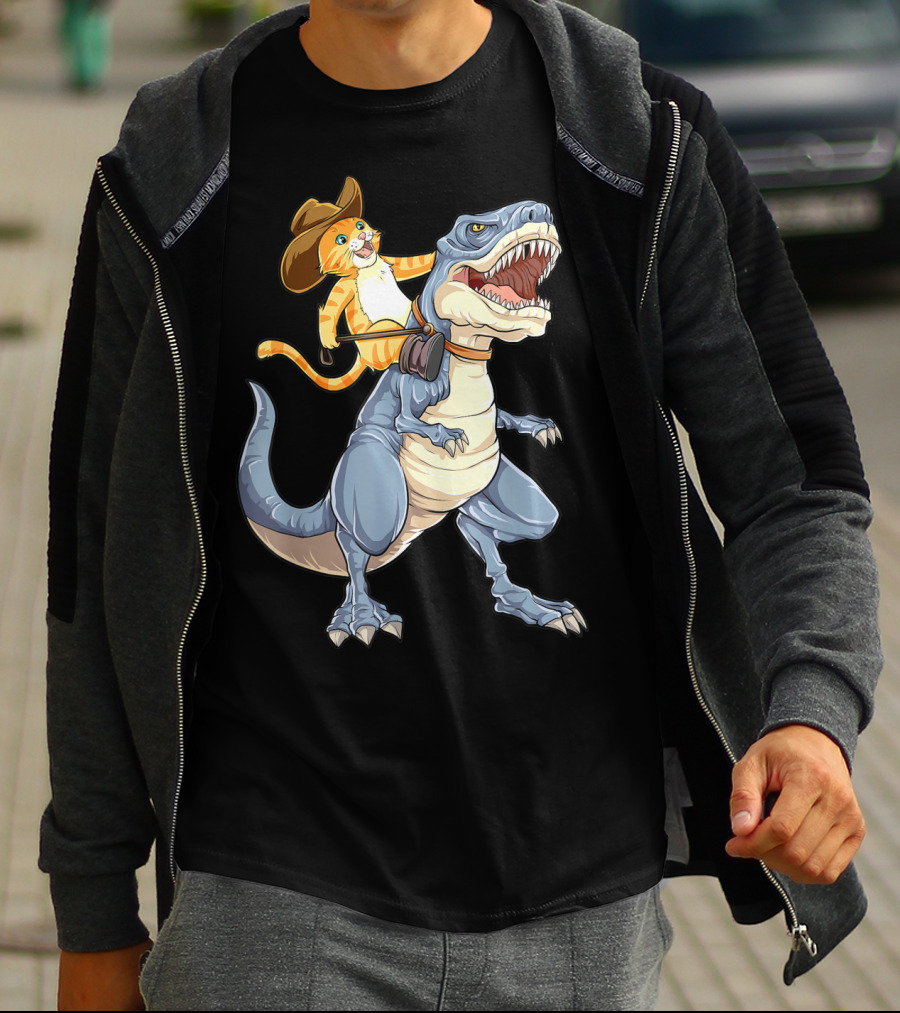 Cat In Cowboy Hat Riding Dinosaur Rex Purrassic Kitty Dino T-Shirt