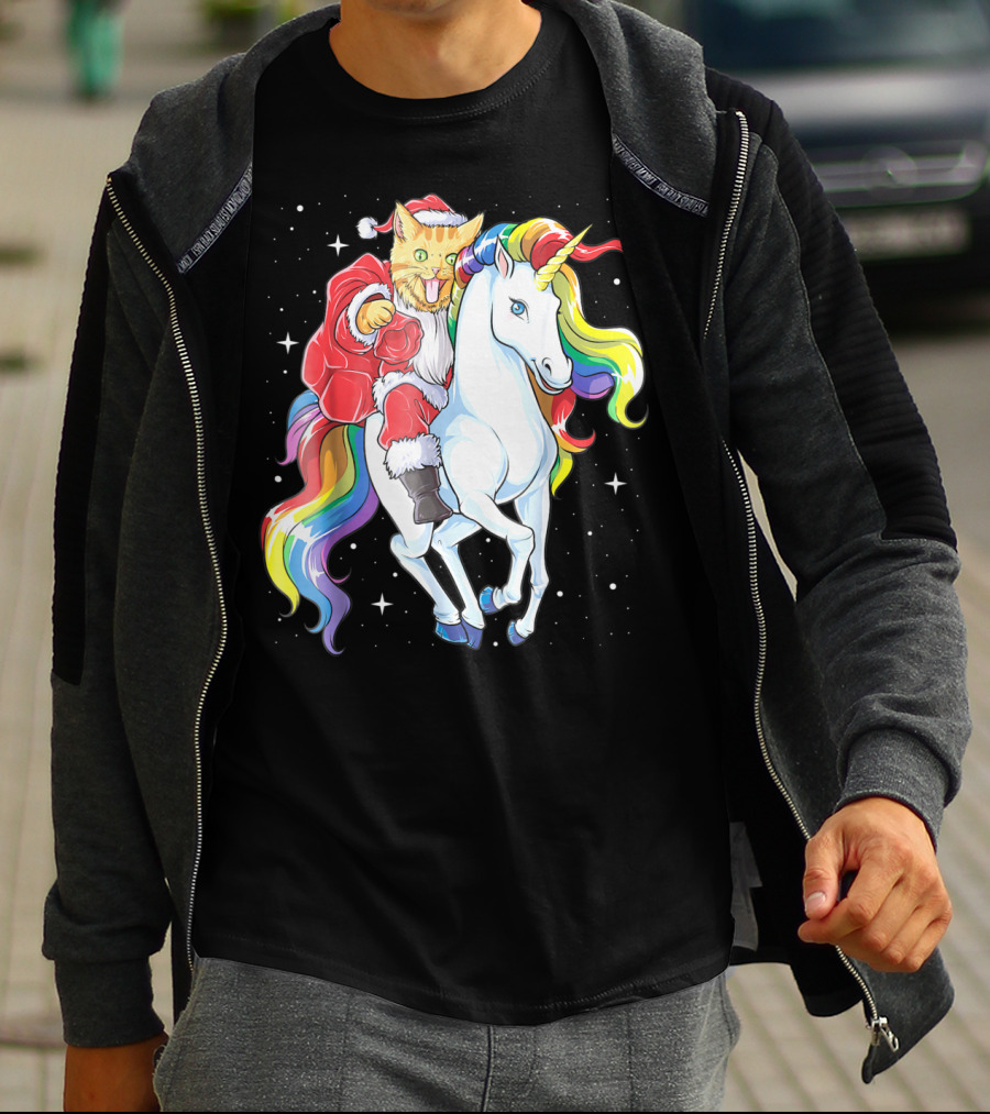 Meowy Cat Santa Riding Rainbow Unicorn Christmas Girls Women T-Shirt
