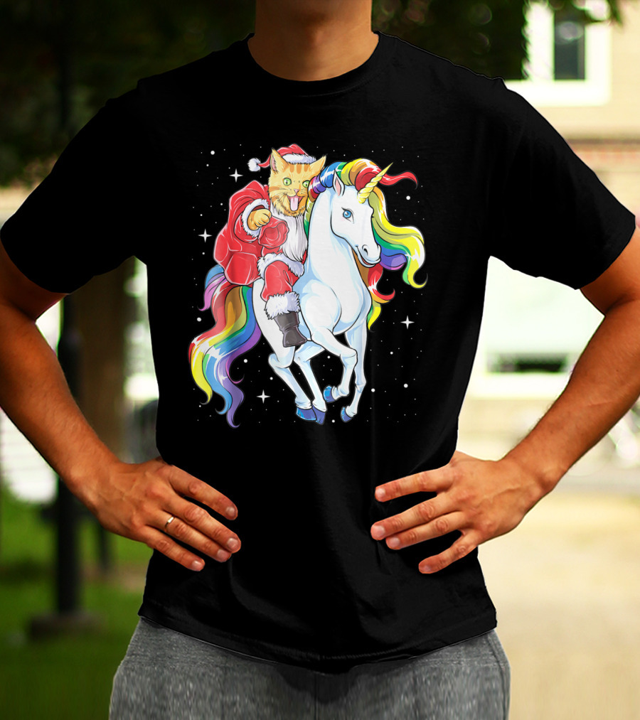 Meowy Cat Santa Riding Rainbow Unicorn Christmas Girls Women T-Shirt