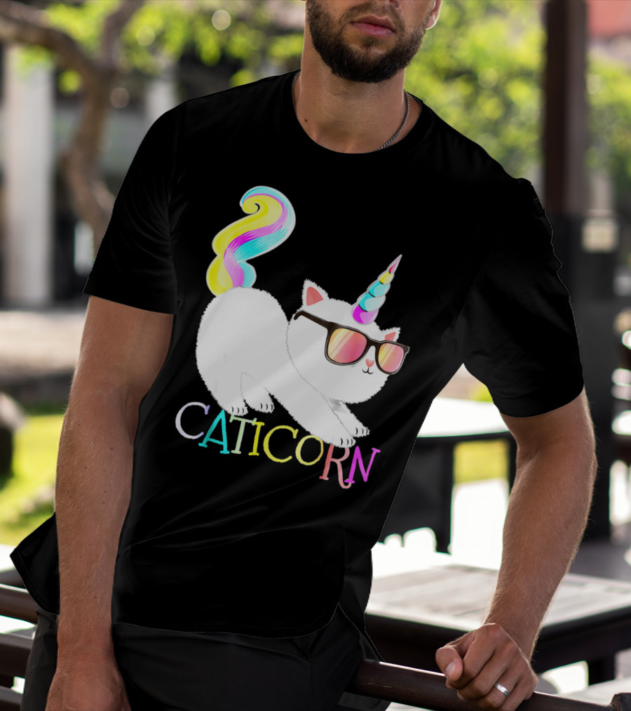Caticorn Rainbow Unicorn Cat Girls Sunglasses Colorful Mane T-Shirt