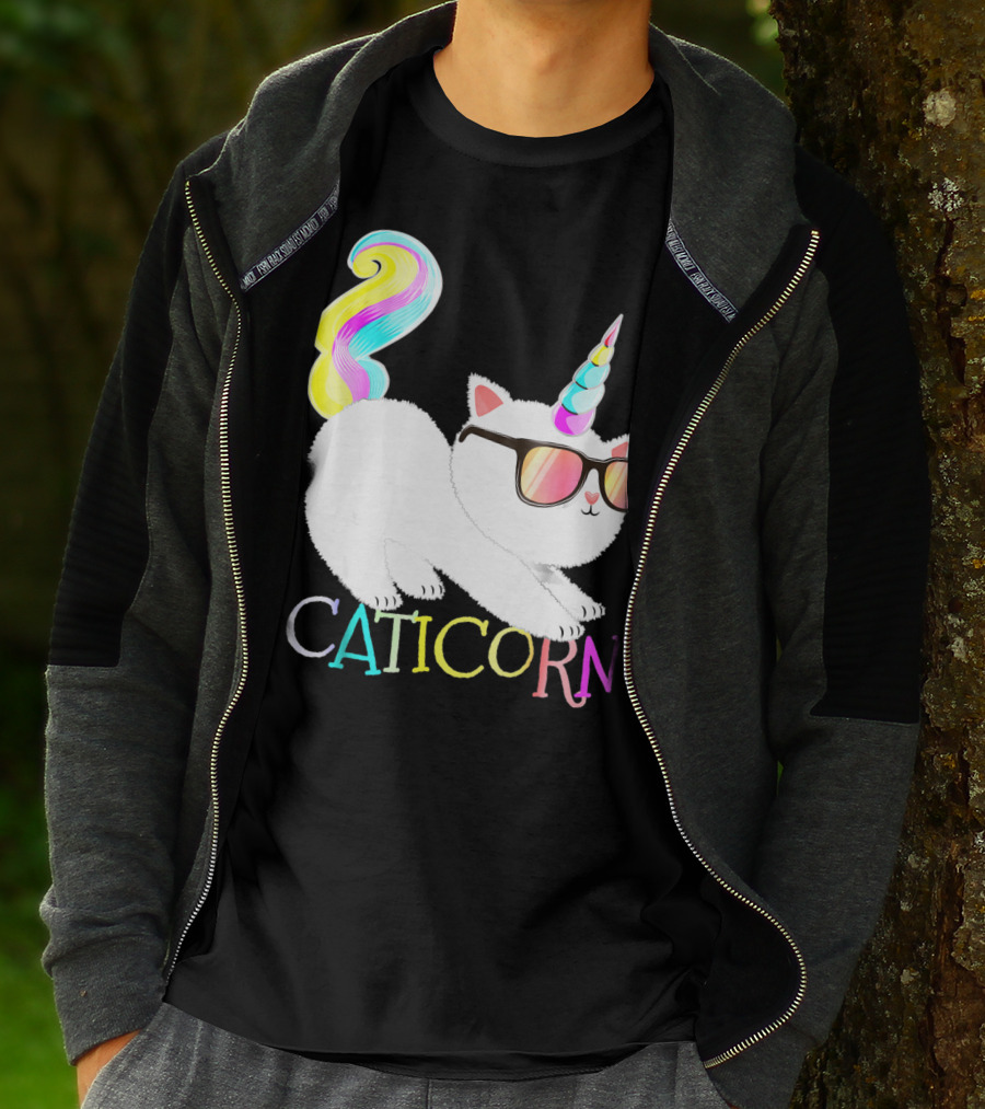 Caticorn Rainbow Unicorn Cat Girls Sunglasses Colorful Mane T-Shirt