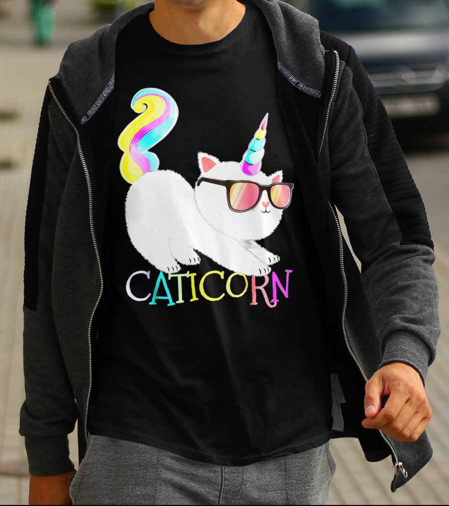 Caticorn Rainbow Unicorn Cat Girls Sunglasses Colorful Mane T-Shirt