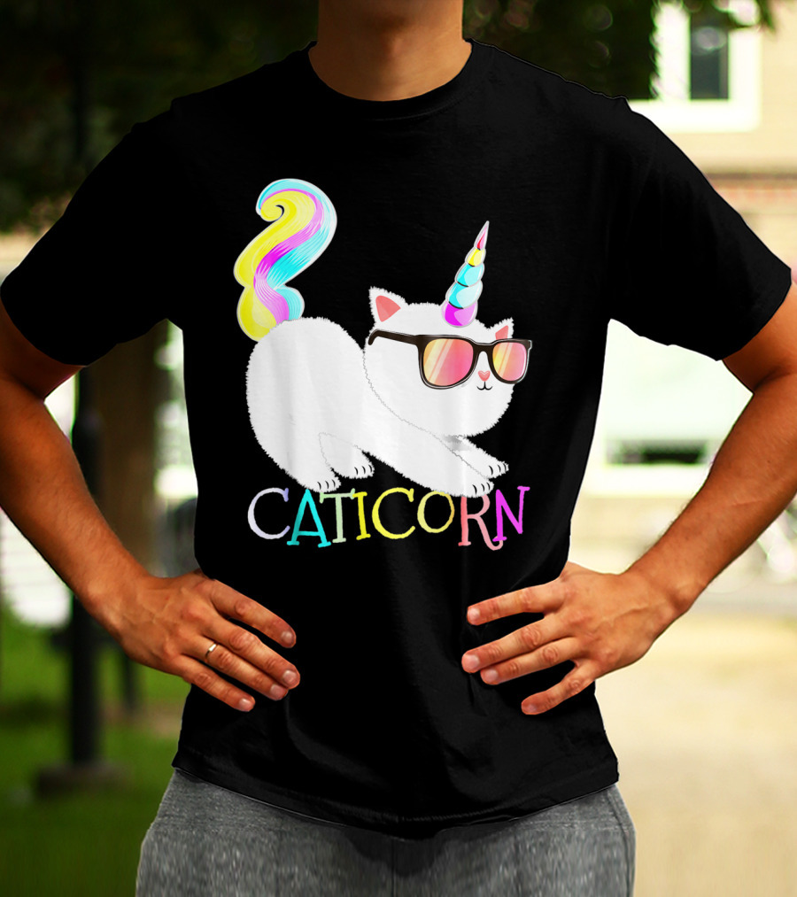 Caticorn Rainbow Unicorn Cat Girls Sunglasses Colorful Mane T-Shirt