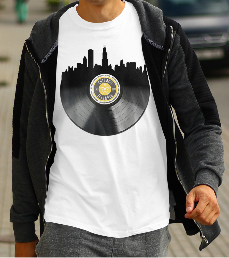 Chicago Illinois Vinyl Record Skyline EST 1833 T-Shirt
