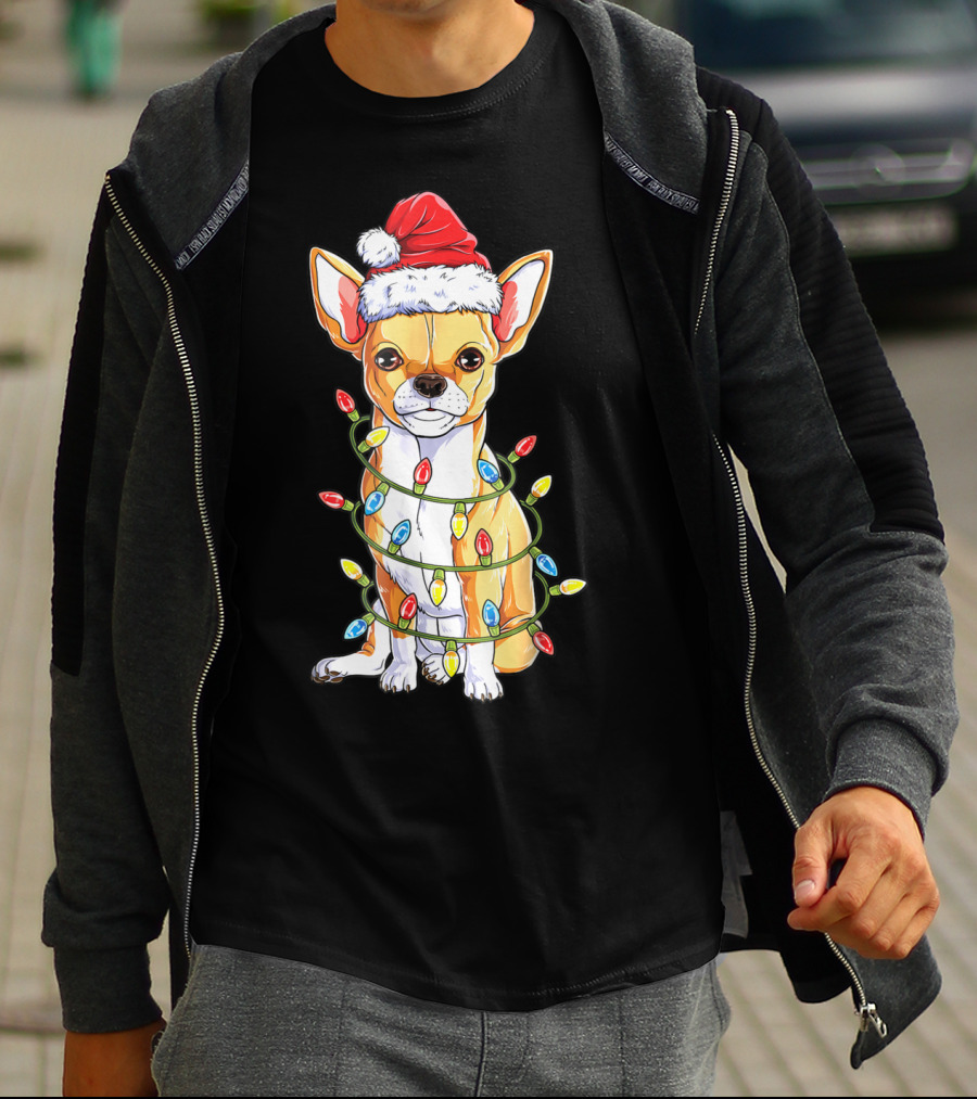 Chihuahua Christmas Santa Hat Holiday Lights Dog T-Shirt