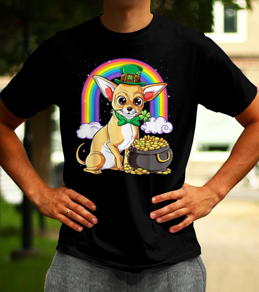Chihuahua St Patricks Day Leprechaun Rainbow Pot Of Gold T-Shirt