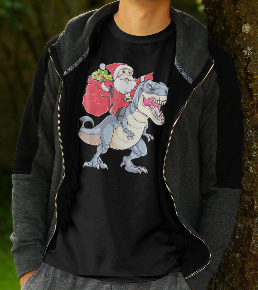 Christmas Santa Riding Dinosaur Rex With Presents T-Shirt