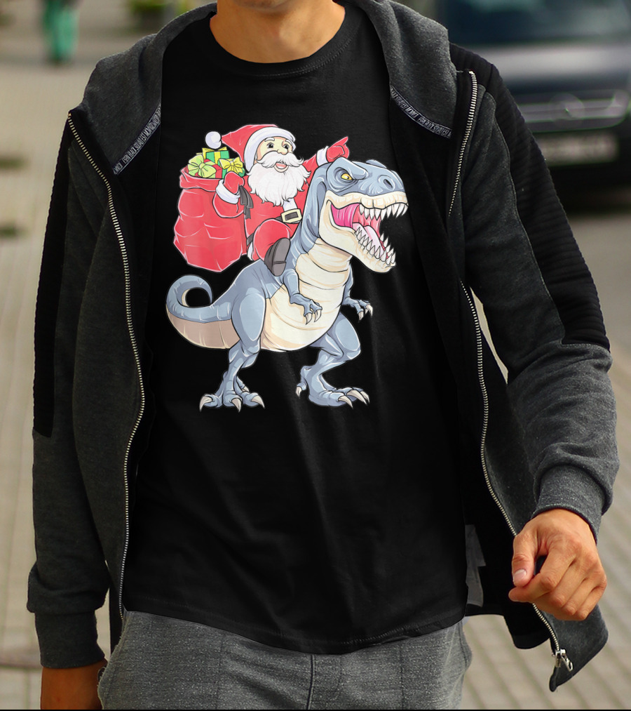 Christmas Santa Riding Dinosaur Rex With Presents T-Shirt