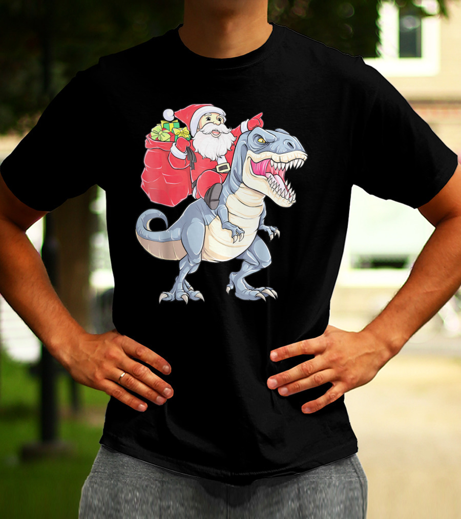 Christmas Santa Riding Dinosaur Rex With Presents T-Shirt