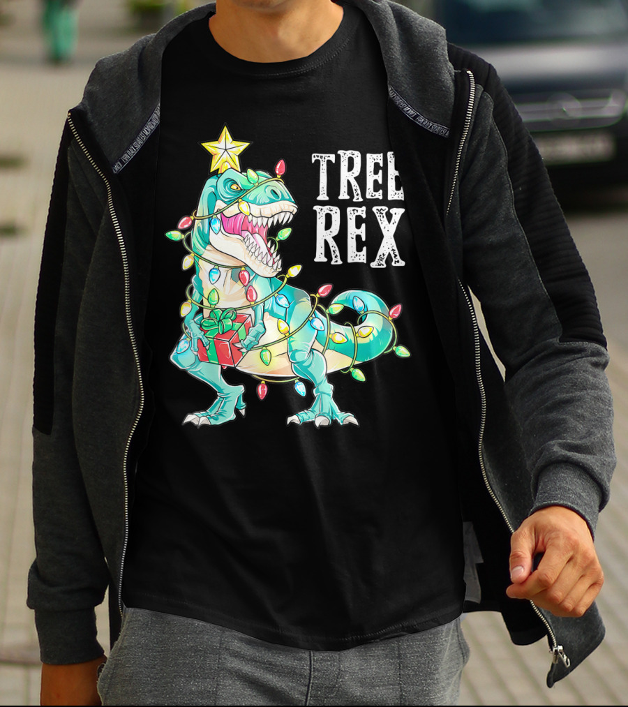 Tree Rex Christmas Kids Dinosaur Lights T-Shirt