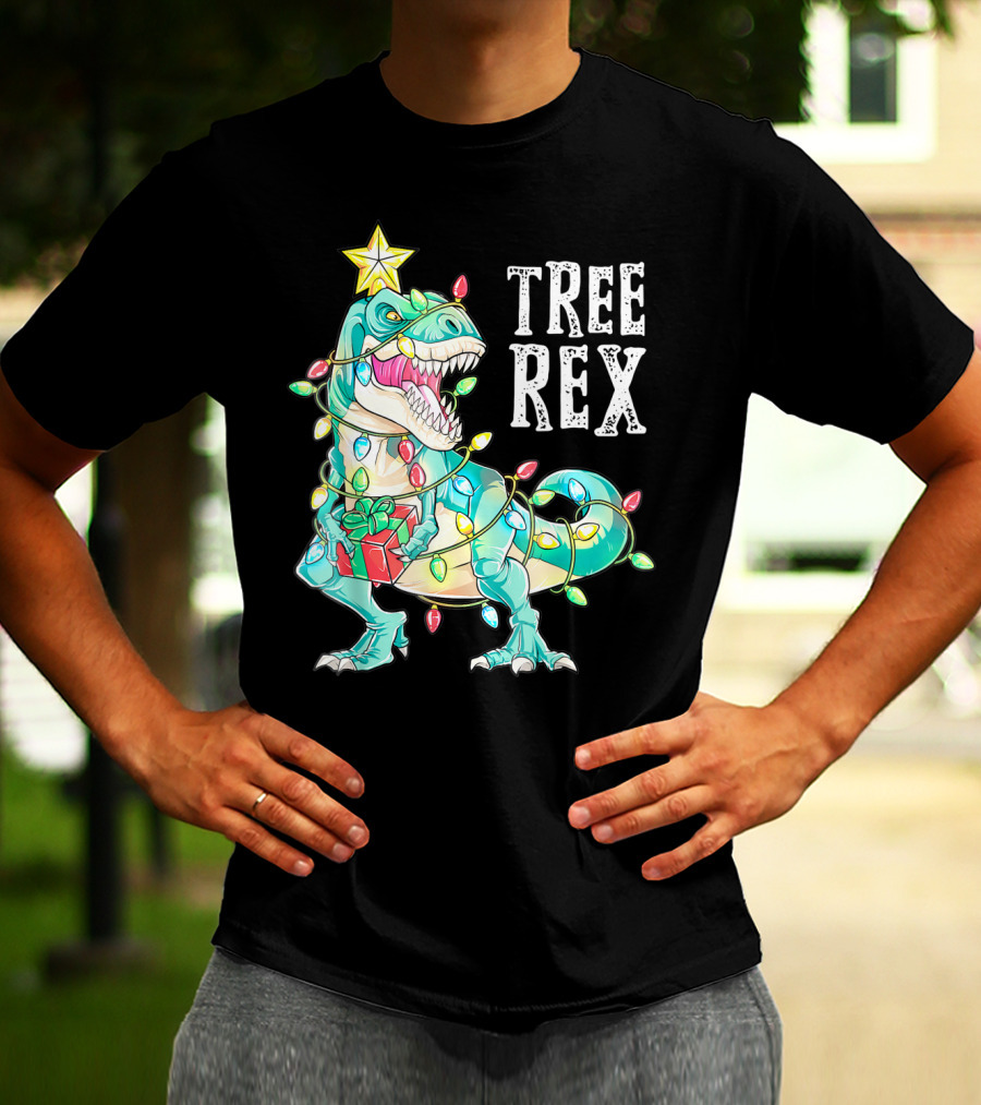 Tree Rex Christmas Kids Dinosaur Lights T-Shirt