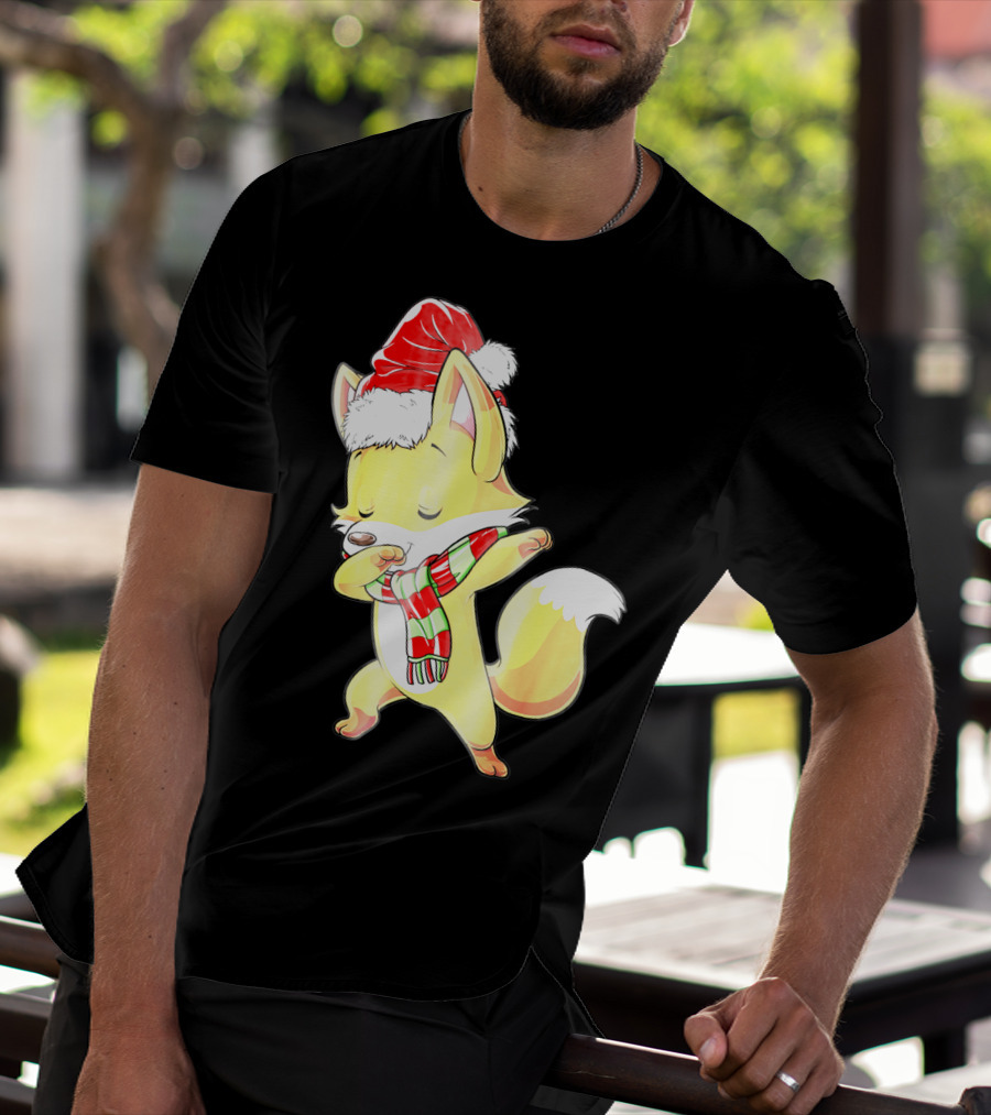 Christmas Fox Dabbing In Santa Hat And Scarf T-Shirt