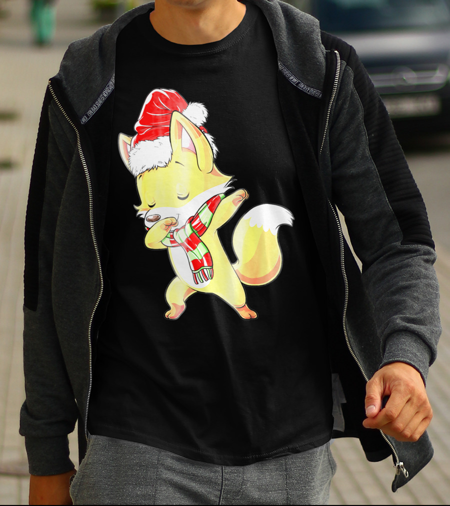Christmas Fox Dabbing In Santa Hat And Scarf T-Shirt