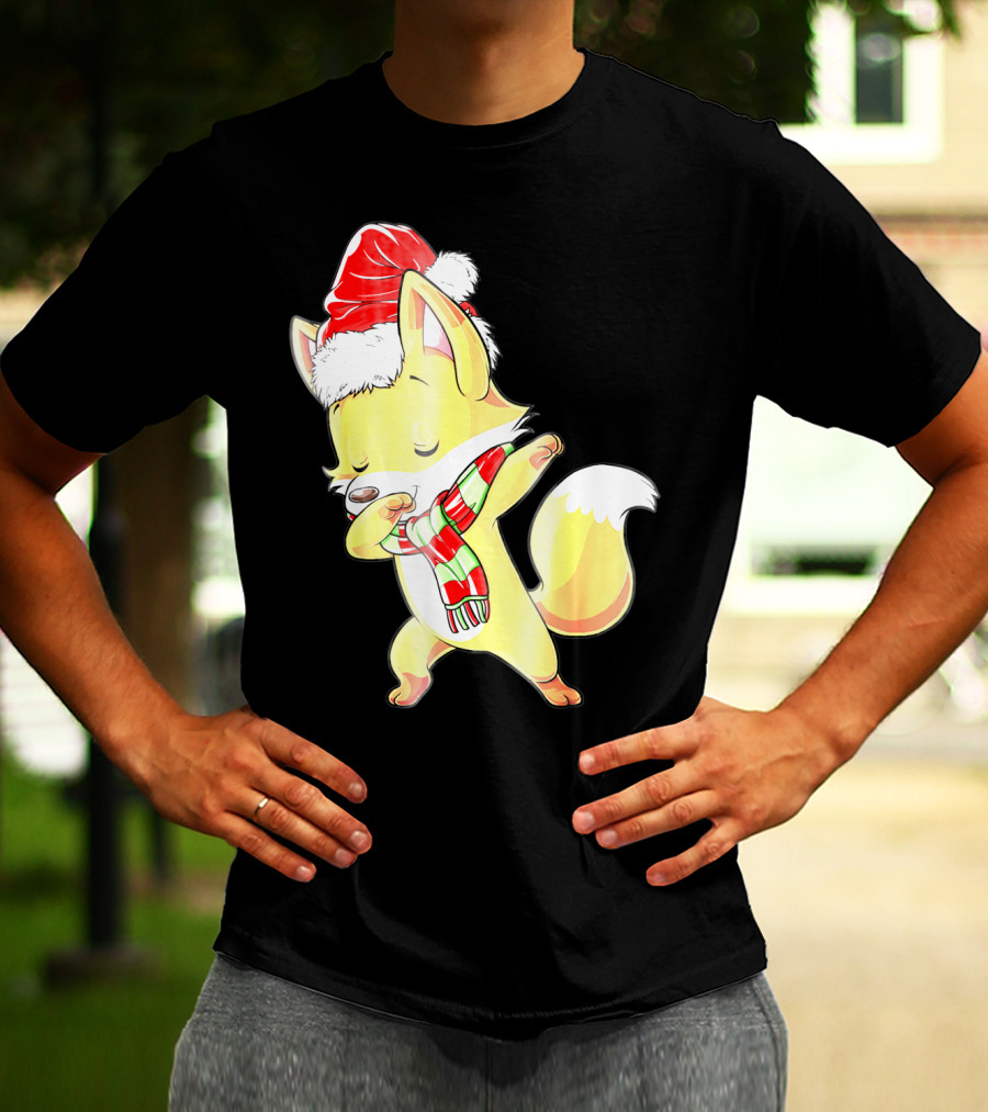 Christmas Fox Dabbing In Santa Hat And Scarf T-Shirt