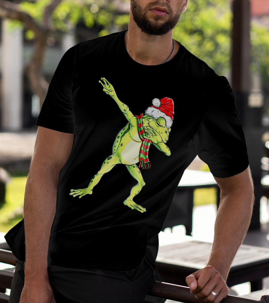 Dabbing Frog With Santa Hat And Scarf Christmas T-Shirt