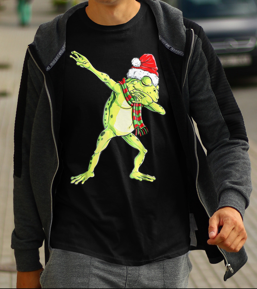 Dabbing Frog With Santa Hat And Scarf Christmas T-Shirt
