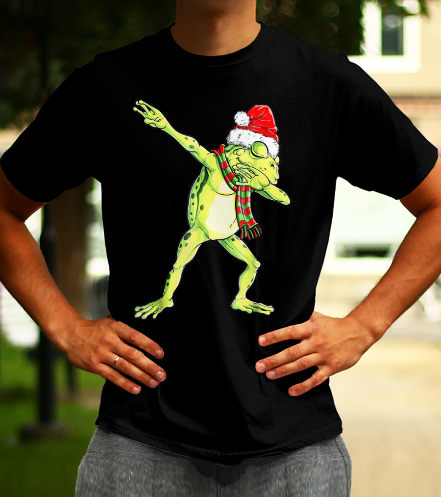 Dabbing Frog With Santa Hat And Scarf Christmas T-Shirt