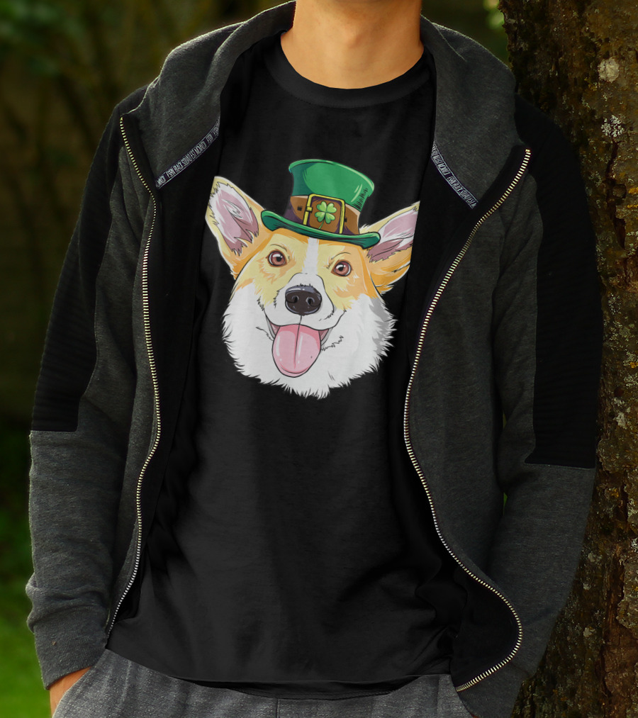 Lucky Corgi With Leprechaun Hat And Shamrock Charm T-Shirt