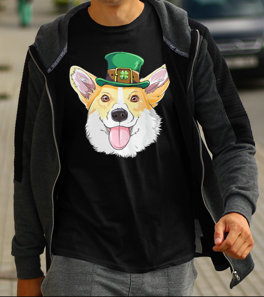 Lucky Corgi With Leprechaun Hat And Shamrock Charm T-Shirt