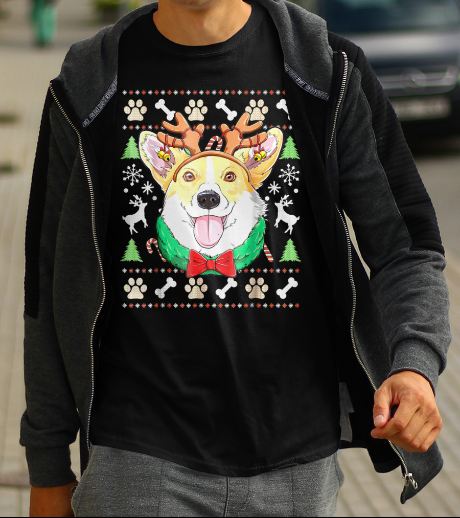 Corgi Christmas Reindeer Antlers Dog Ugly Sweater Xmas Girls T-Shirt
