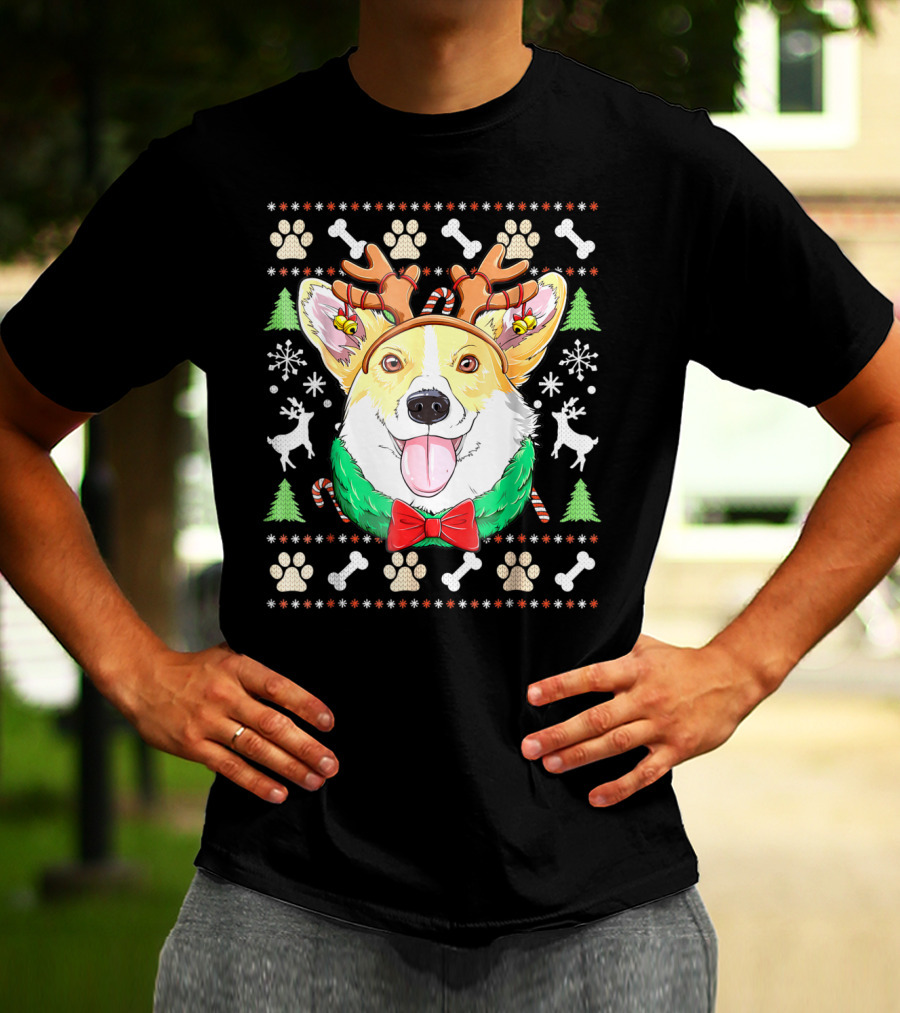 Corgi Christmas Reindeer Antlers Dog Ugly Sweater Xmas Girls T-Shirt
