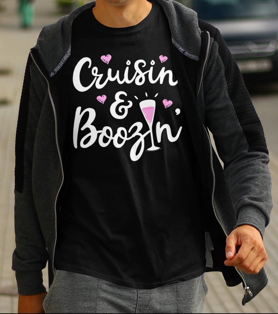 Cruisin And Boozin Funny Cruise Ship Cruising Drinking Hearts Pink Cocktail T-Shirt