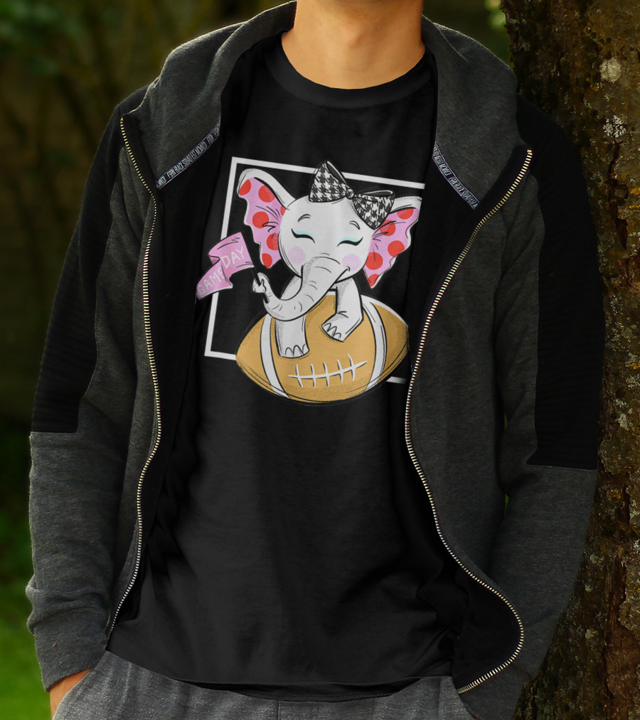 Game Day Elephant With Pink Flag And Houndstooth Bow On Football For Women And Girls Football T-Shirt