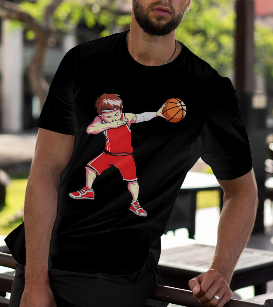 Dabbing Basketball Boy Dab Dance Player In Red Uniform Holding Ball T-Shirt