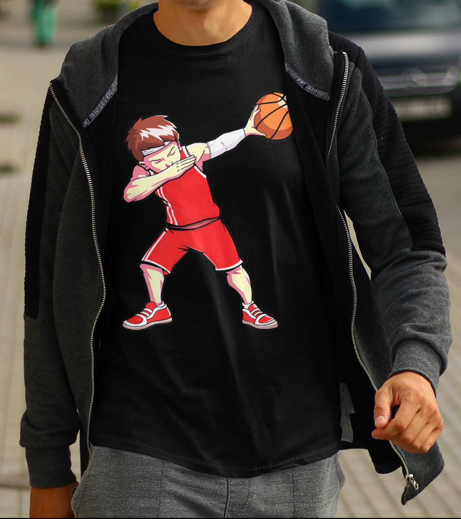 Dabbing Basketball Boy Dab Dance Player In Red Uniform Holding Ball T-Shirt