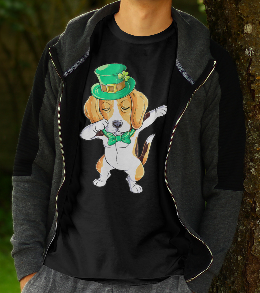Dabbing Beagle In St Patricks Day Leprechaun Hat And Bowtie T-Shirt