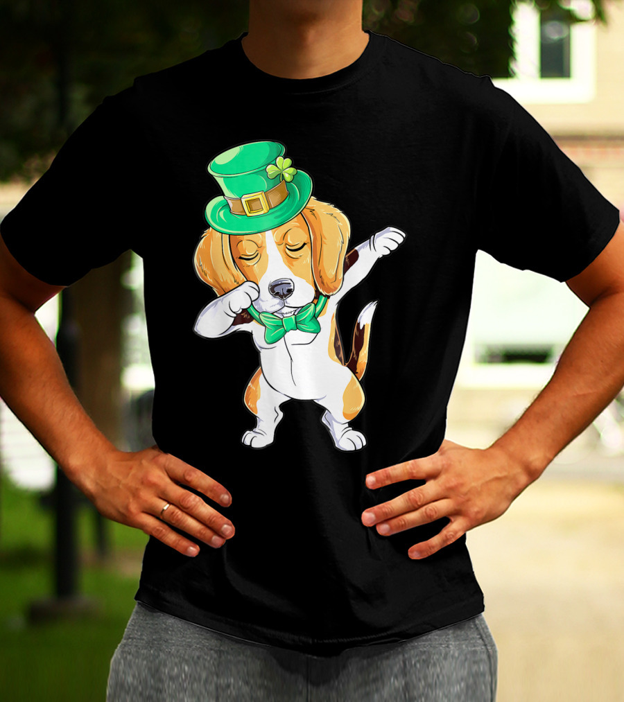 Dabbing Beagle In St Patricks Day Leprechaun Hat And Bowtie T-Shirt