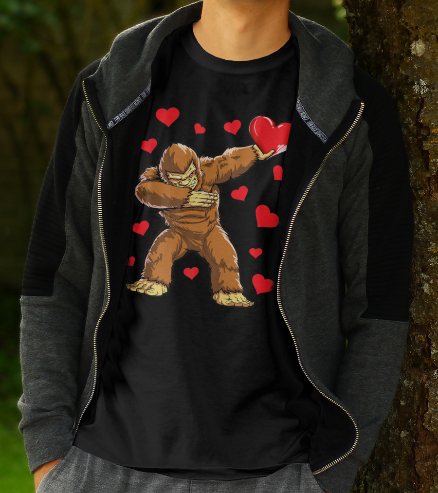 Dabbing Bigfoot With Heart Valentine's Day Boys Men Love T-Shirt