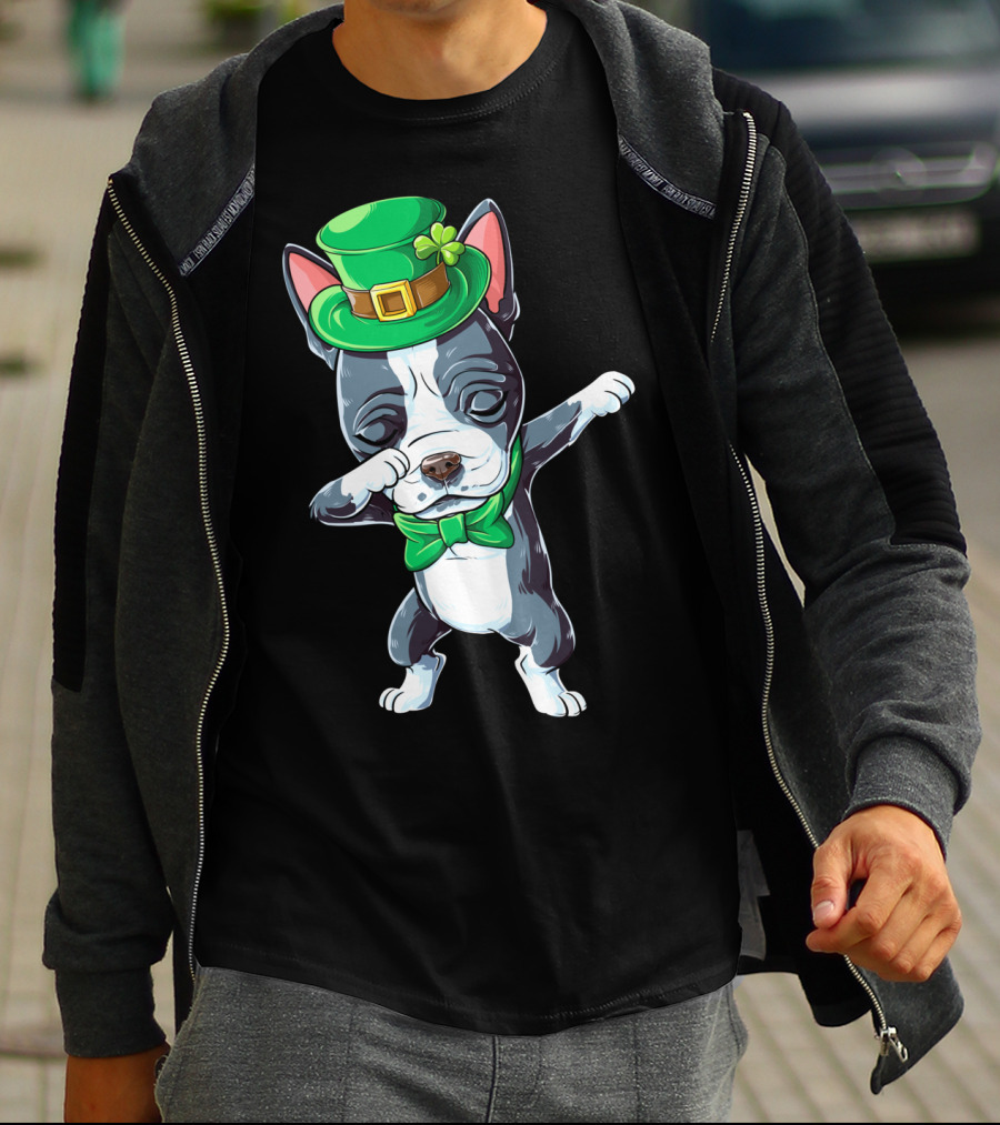 Dabbing Boston Terrier St Patricks Day Leprechaun Green Hat Bow Tie T-Shirt