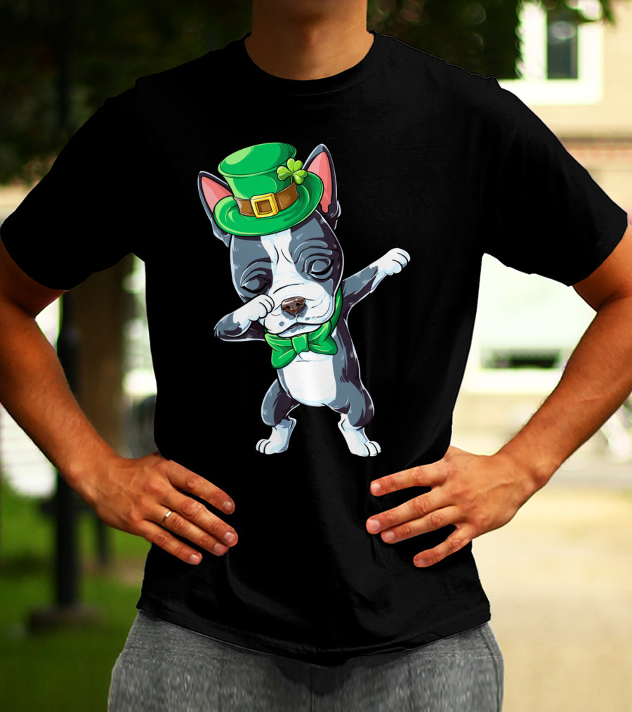 Dabbing Boston Terrier St Patricks Day Leprechaun Green Hat Bow Tie T-Shirt