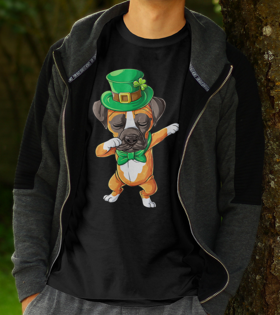 St Patricks Day Dabbing Leprechaun Boxer Dog Boys T-Shirt