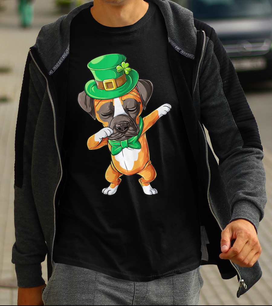 St Patricks Day Dabbing Leprechaun Boxer Dog Boys T-Shirt