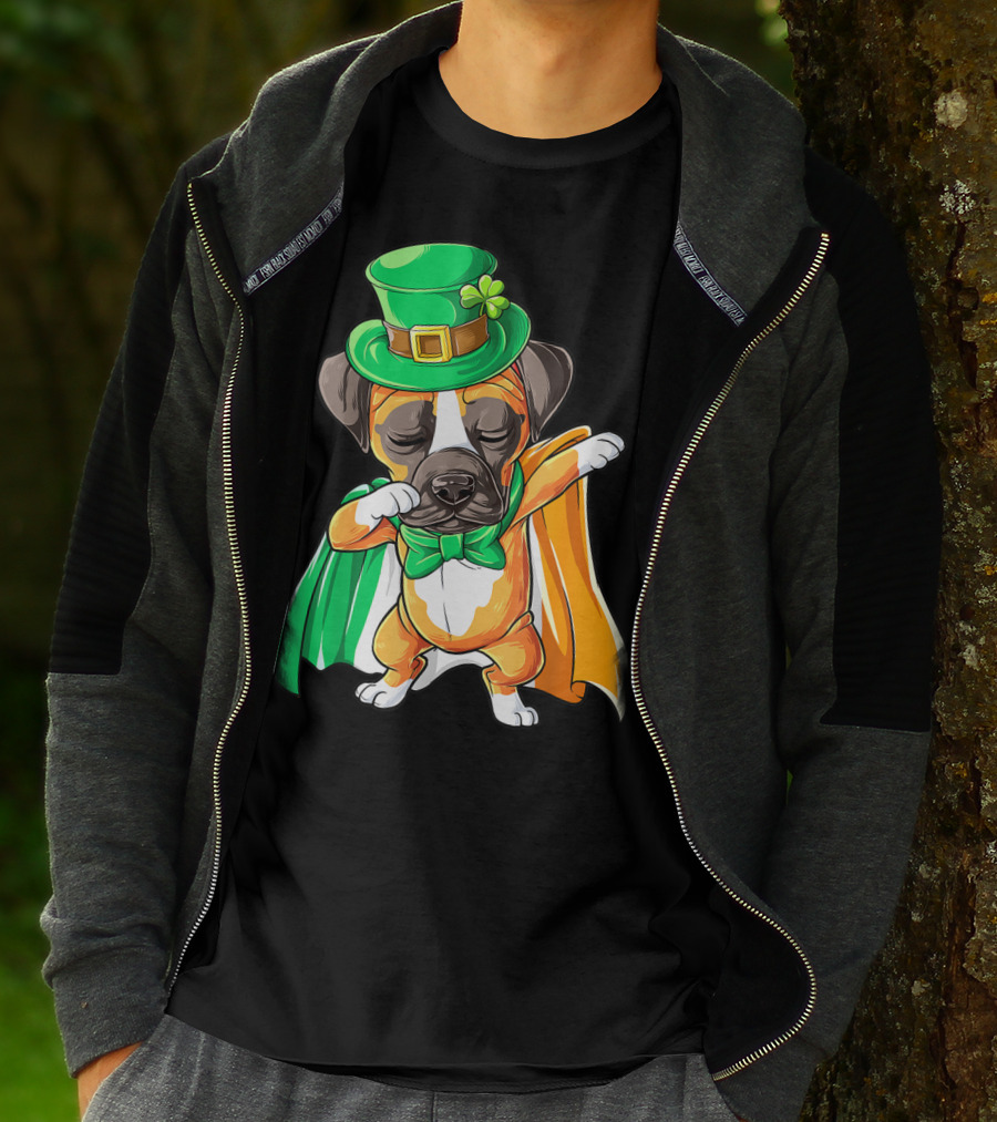 Dabbing Boxer Puppy St Patricks Day Leprechaun Costume Irish Flag T-Shirt