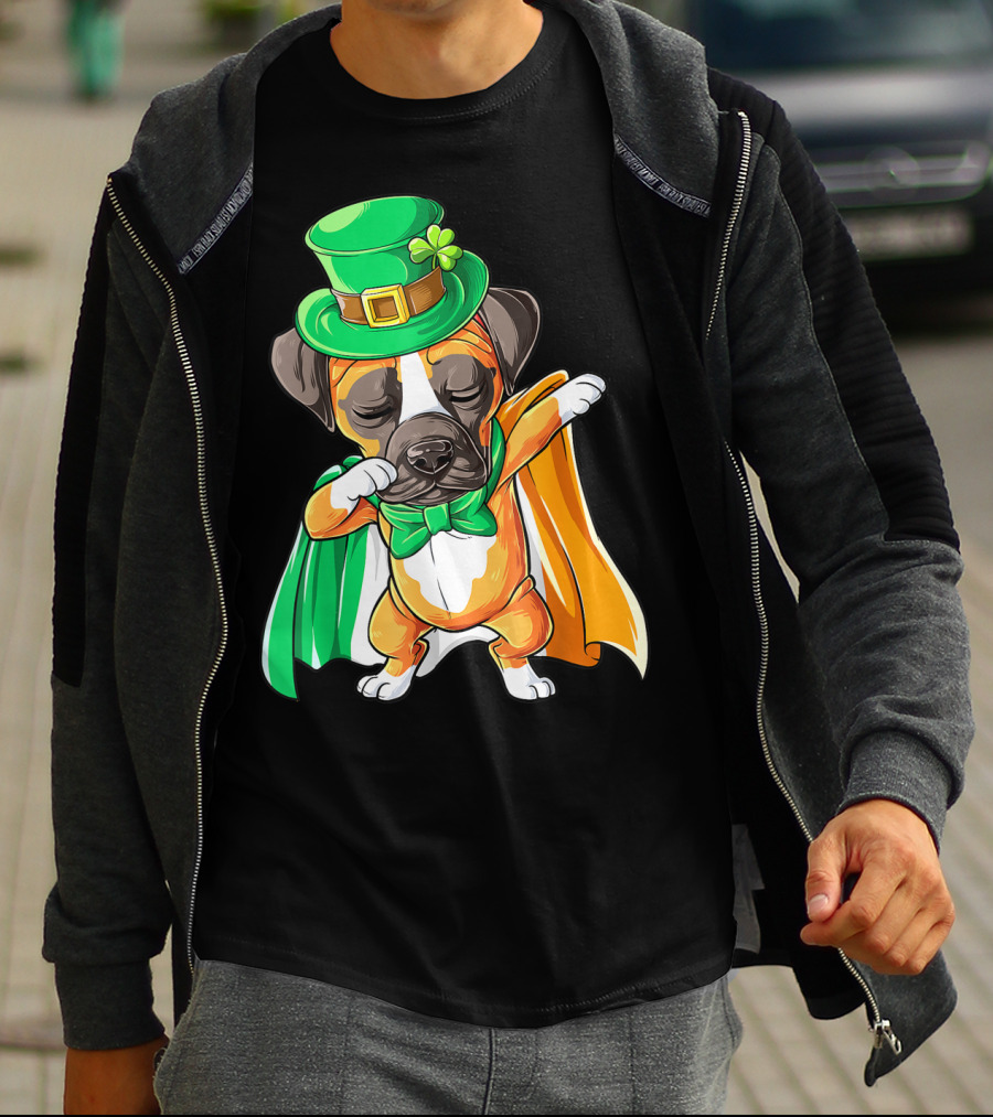 Dabbing Boxer Puppy St Patricks Day Leprechaun Costume Irish Flag T-Shirt