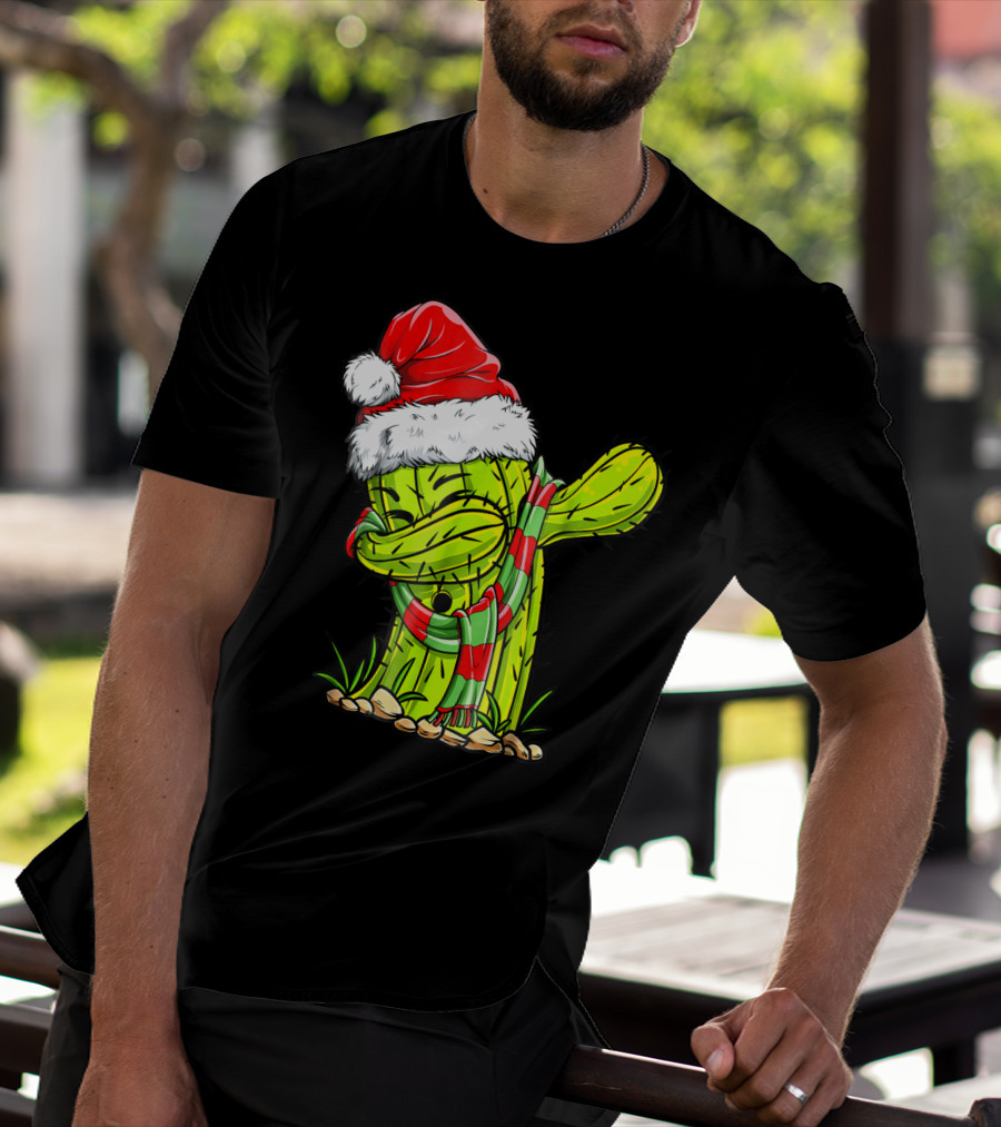 Dabbing Cactus Santa Christmas Hat And Scarf T-Shirt