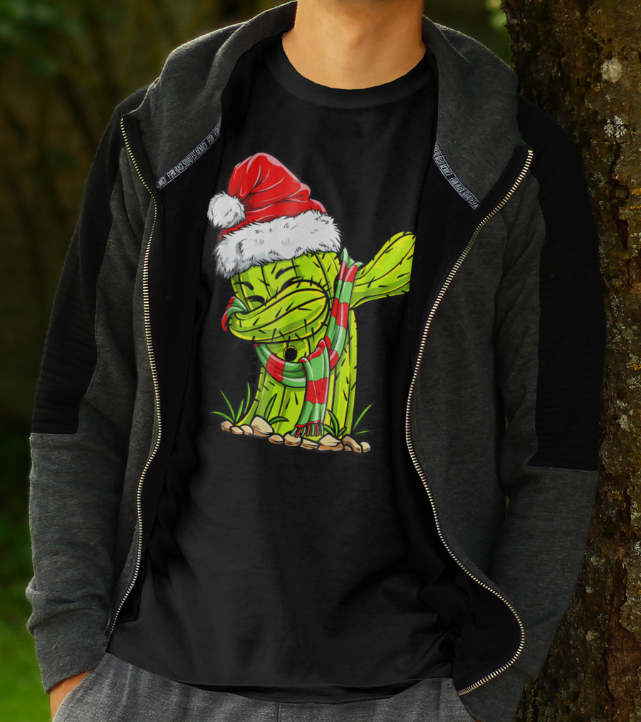 Dabbing Cactus Santa Christmas Hat And Scarf T-Shirt