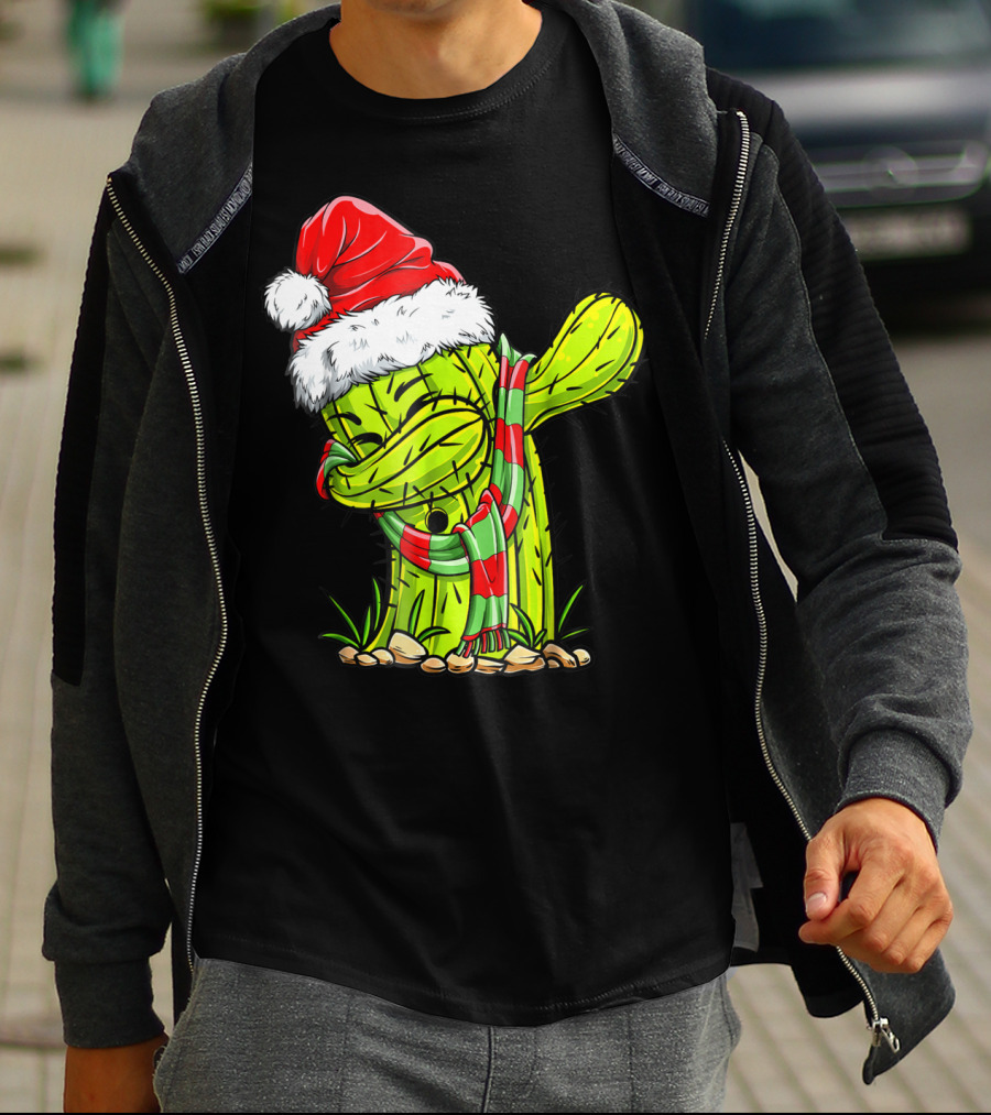 Dabbing Cactus Santa Christmas Hat And Scarf T-Shirt